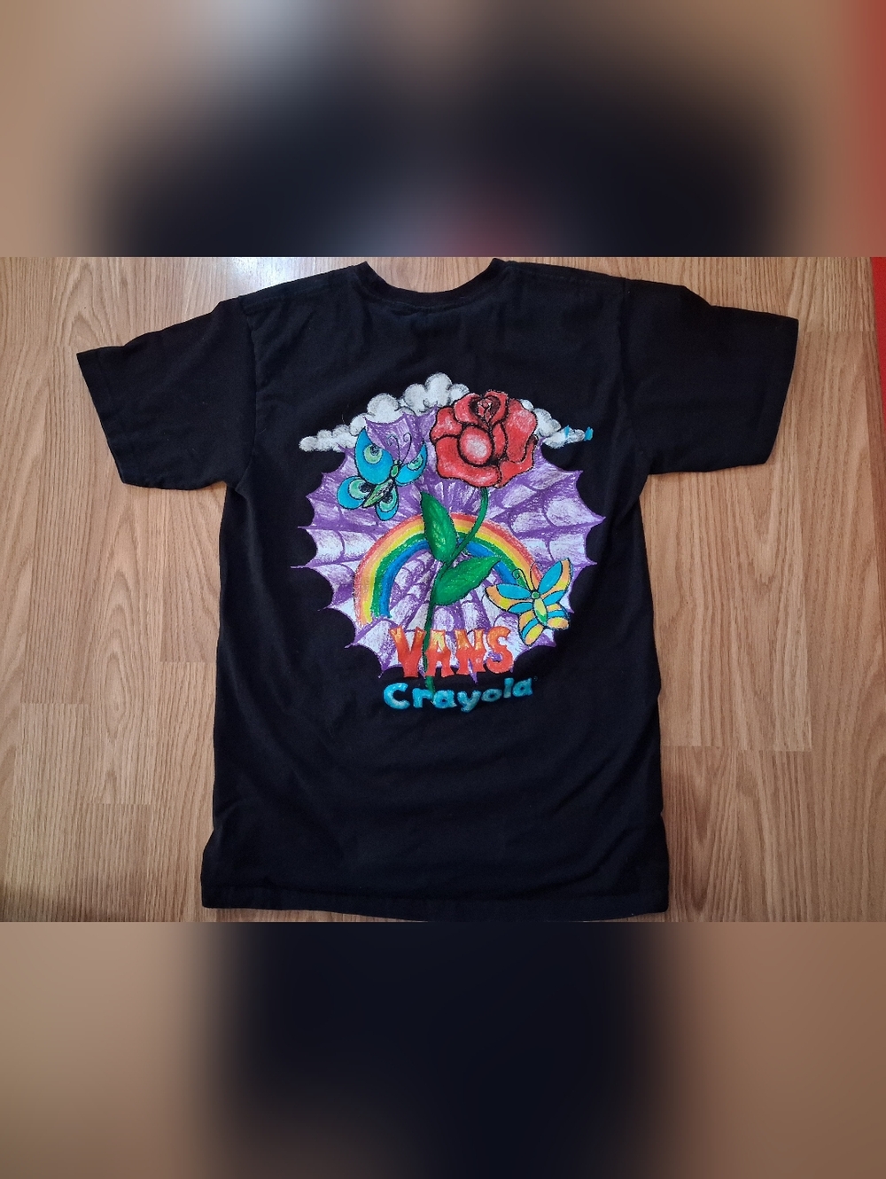 VANS Graphic Tee with Rainbow Rose and Crayola Logo.  Womens.  Size Small